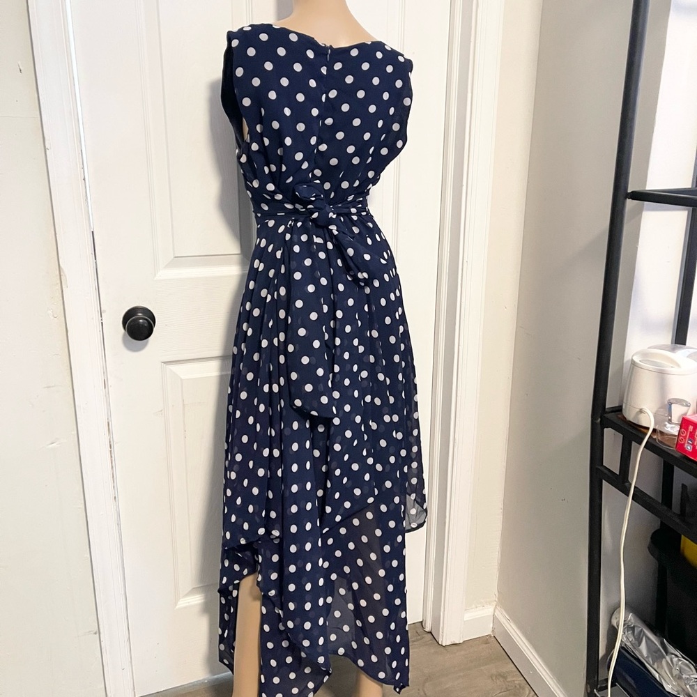Jennifer Lauren navy blue polka dot handkerchief hem dress size L tie at waist - Picture 6 of 11